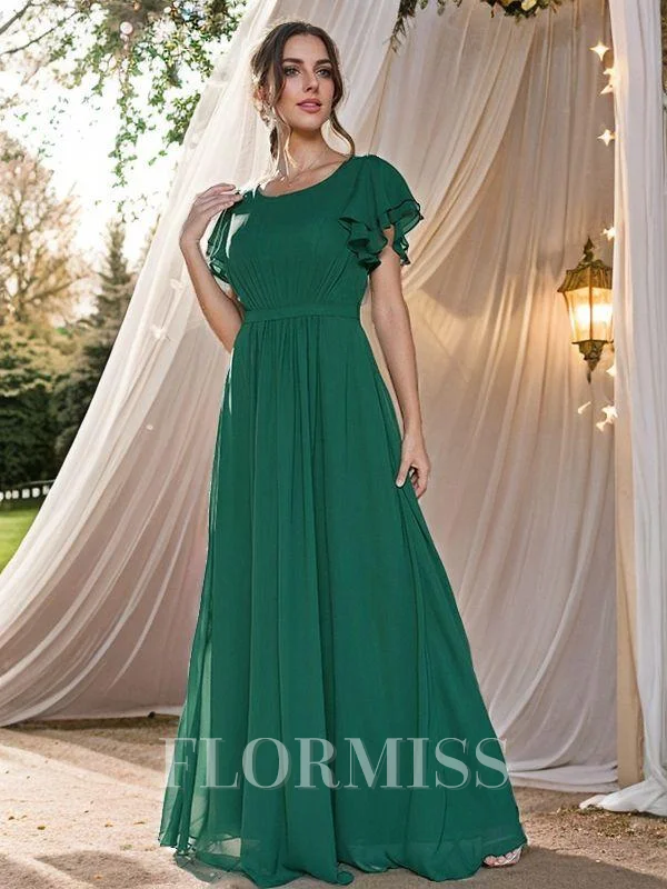 A-Line/Princess Chiffon Ruffles Scoop Short Sleeves Floor-Length Bridesmaid Dresses
