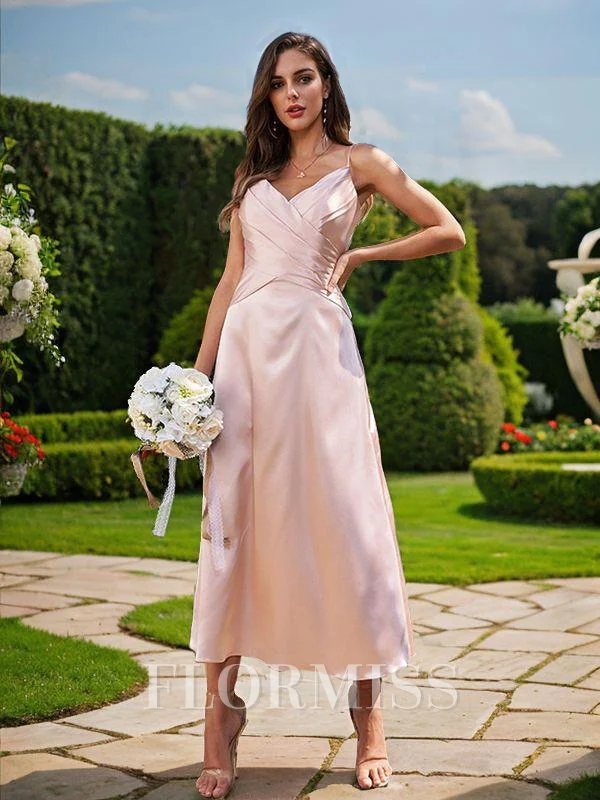 A-Line/Princess Silk like Satin Ruched V-neck Sleeveless Ankle-Length Bridesmaid Dresses