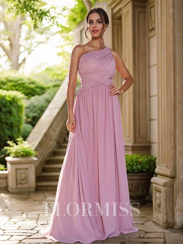 A-Line/Princess Chiffon Ruched One-Shoulder Sleeveless Sweep Train Bridesmaid Dresses