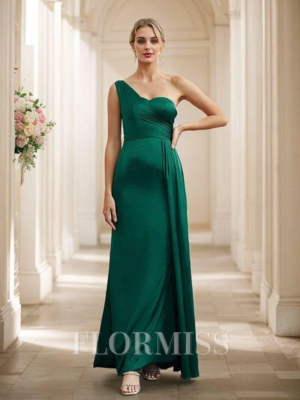 Sheath/Column Silk Like Satin Ruched One-Shoulder Sleeveless Floor-Length Bridesmaid Dresses