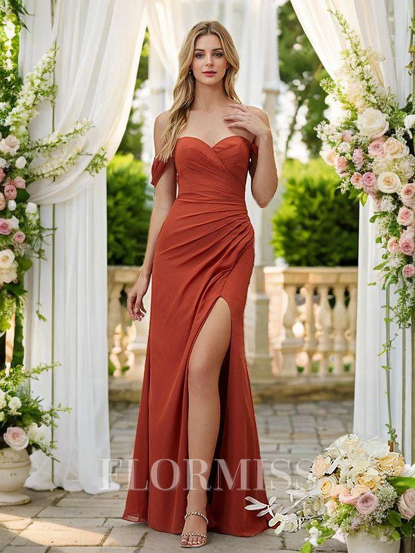 Sheath/Column Chiffon Ruched Off-the-Shoulder Sleeveless Floor-Length Bridesmaid Dresses