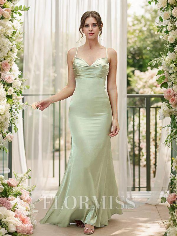 Sheath/Column Silk like Satin Ruched V-neck Sleeveless Floor-Length Bridesmaid Dresses