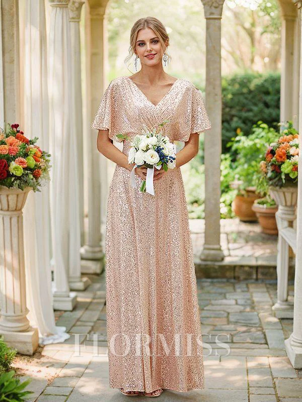 A-Line/Princess Ruched V-neck Short Sleeves Floor-Length Bridesmaid Dresses