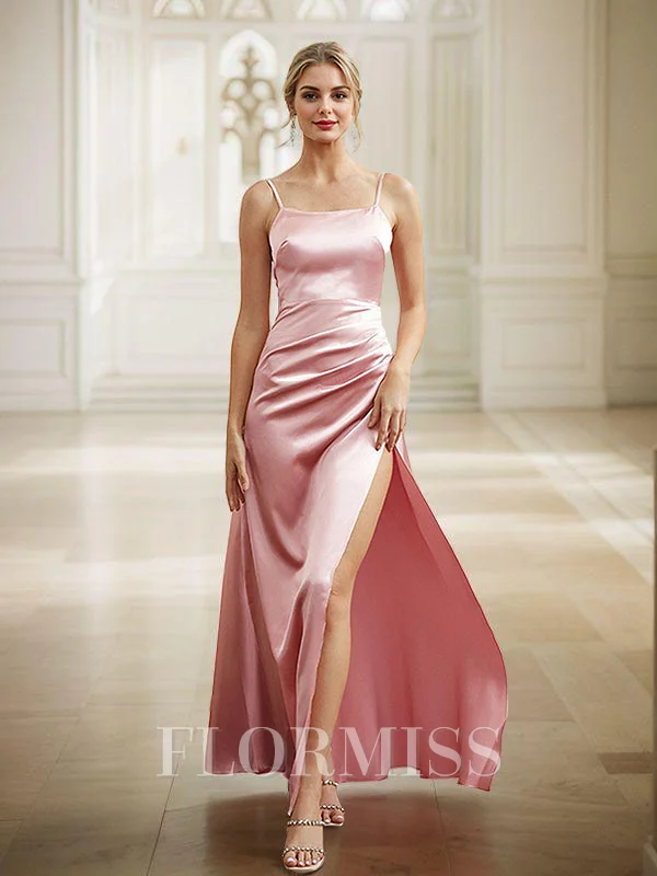 Sheath/Column Silk Like Satin Ruched Spaghetti Straps Sleeveless Floor-Length Bridesmaid Dresses