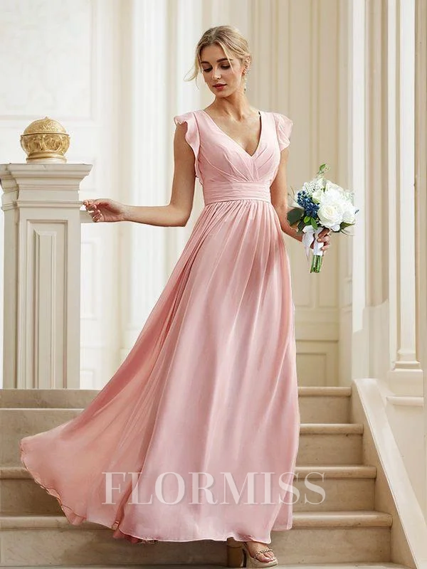 A-Line/Princess Chiffon Ruched V-neck Sleeveless Floor-Length Bridesmaid Dresses