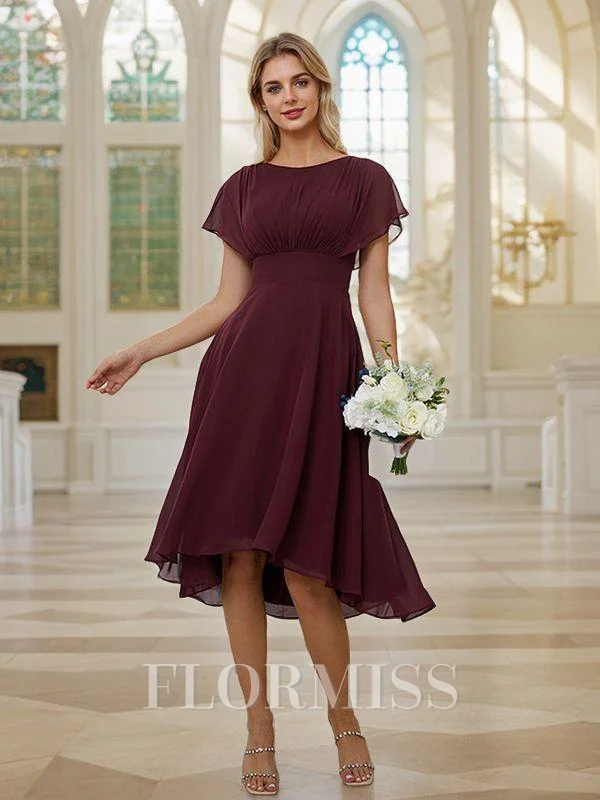 A-Line/Princess Chiffon Ruched Scoop Short Sleeves Asymmetrical Bridesmaid Dresses