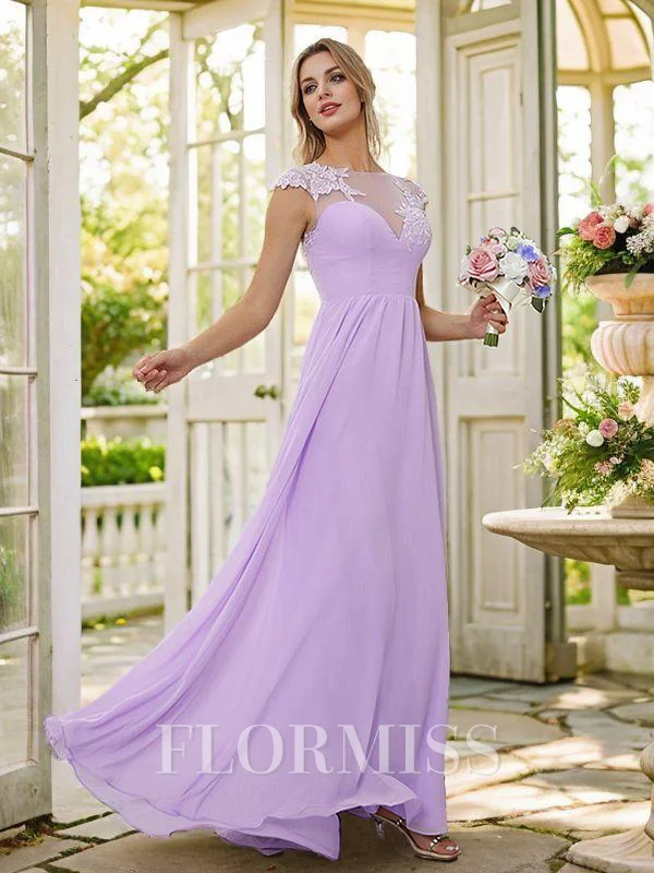 A-Line/Princess Chiffon Applique Scoop Short Sleeves Floor-Length Bridesmaid Dresses