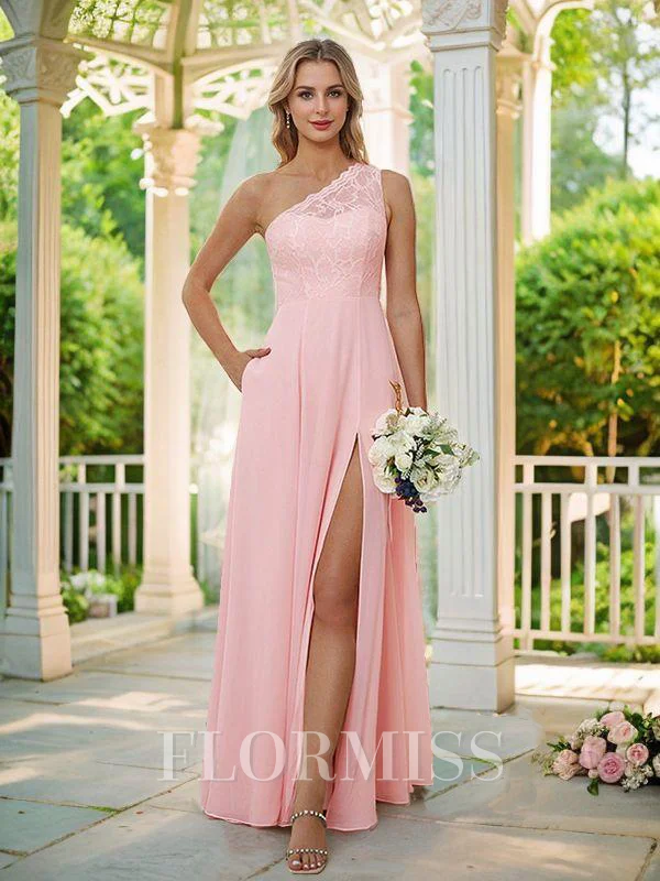 A-Line/Princess Chiffon Lace One-Shoulder Sleeveless Floor-Length Bridesmaid Dresses