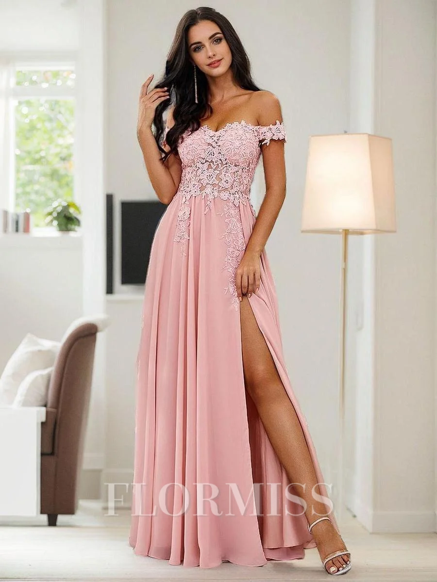 A-Line/Princess Chiffon Applique Off-the-Shoulder Sleeveless Floor-Length Bridesmaid Dresses