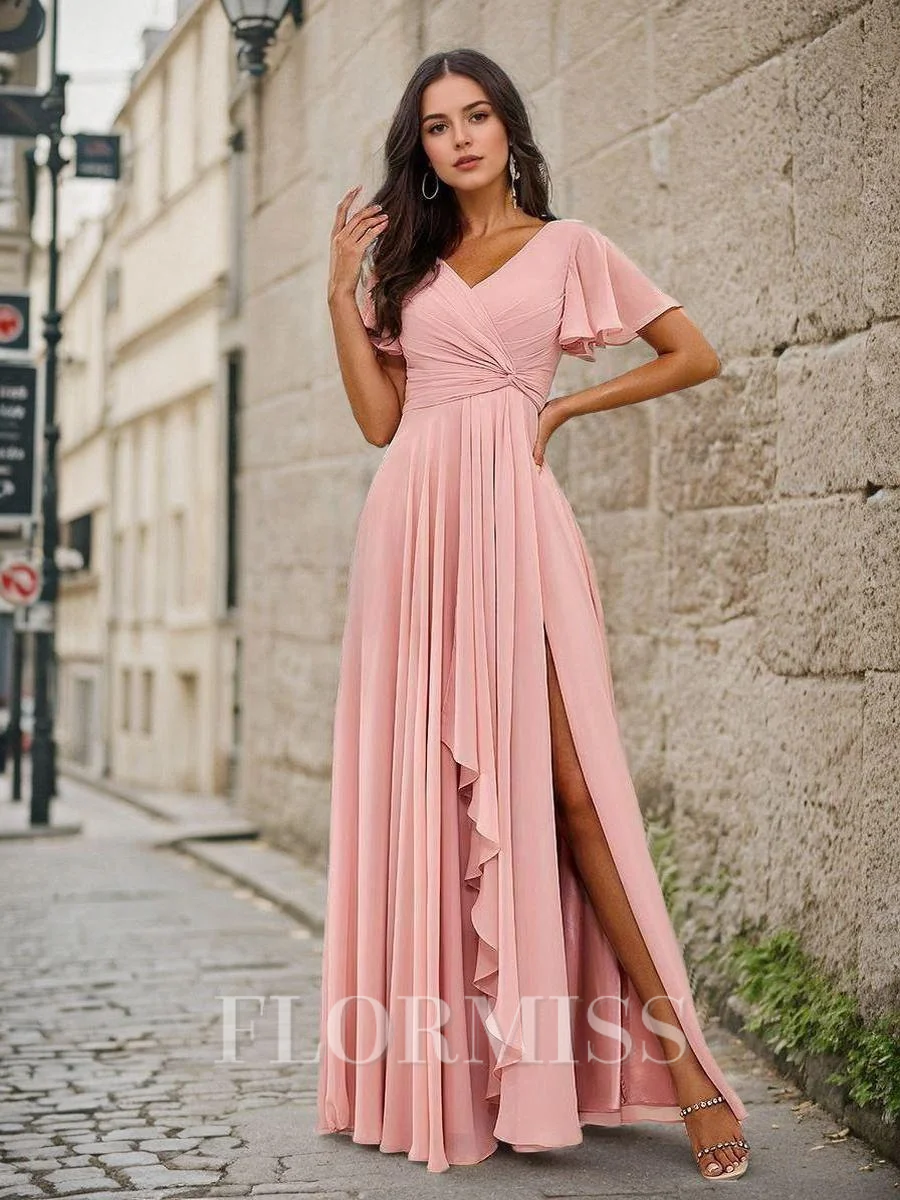 A-Line/Princess Chiffon Ruffles V-neck Short Sleeves Floor-Length Bridesmaid Dresses