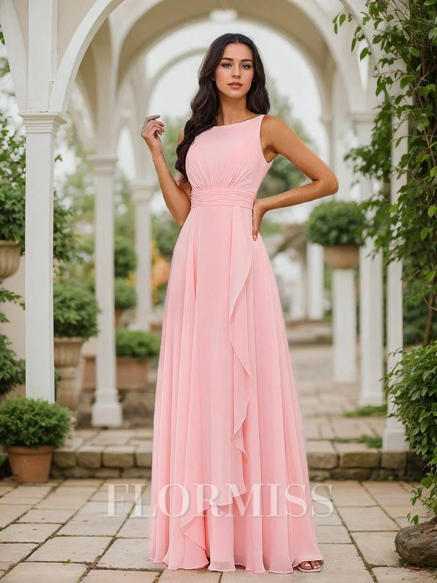 A-Line/Princess Chiffon Ruffles Scoop Sleeveless Floor-Length Bridesmaid Dresses