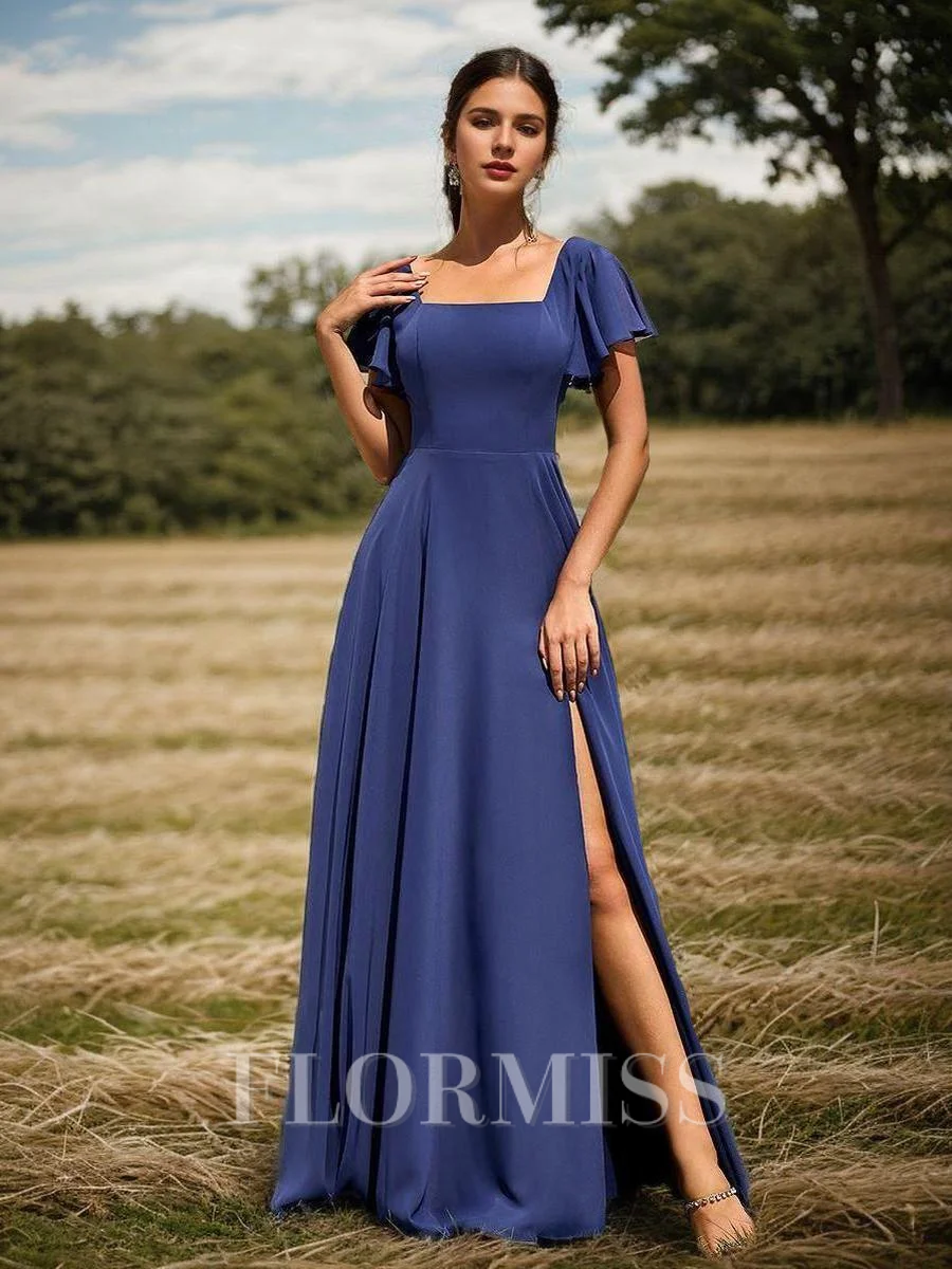 A-Line/Princess Chiffon Square Short Sleeves Floor-Length Bridesmaid Dresses