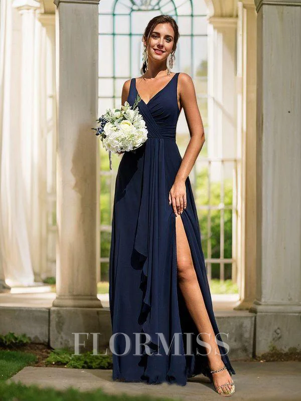 A-Line/Princess Chiffon Ruffles V-neck Sleeveless Floor-Length Bridesmaid Dresses
