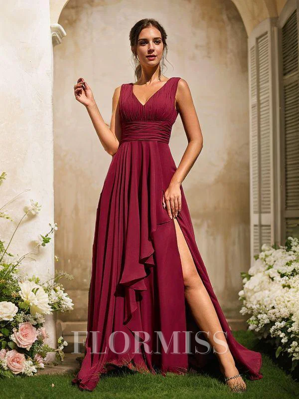 A-Line/Princess Chiffon Ruffles V-neck Sleeveless Floor-Length Bridesmaid Dresses