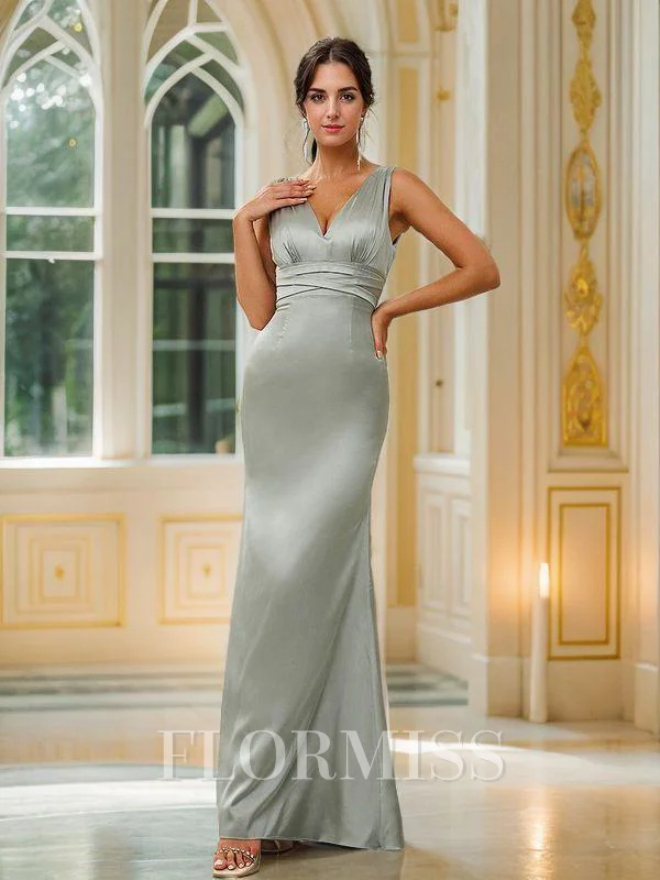 Sheath/Column Silk Like Satin Ruched V-neck Sleeveless Floor-Length Bridesmaid Dresses