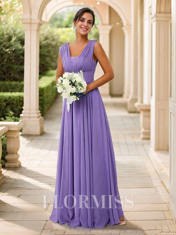 A-Line/Princess Chiffon Ruched V-neck Sleeveless Floor-Length Bridesmaid Dresses