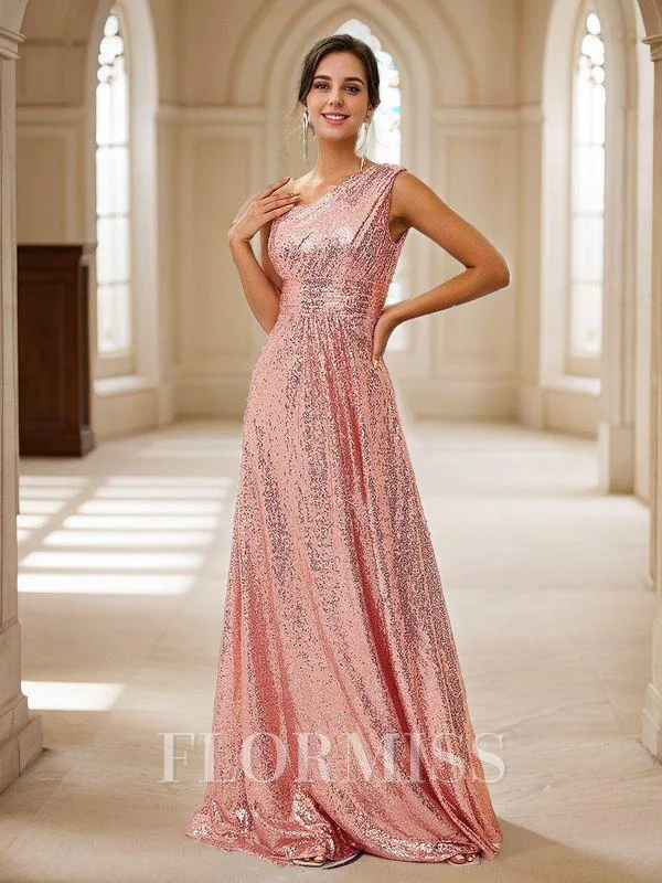 A-Line/Princess Sequins Ruched One-Shoulder Sleeveless Floor-Length Bridesmaid Dresses