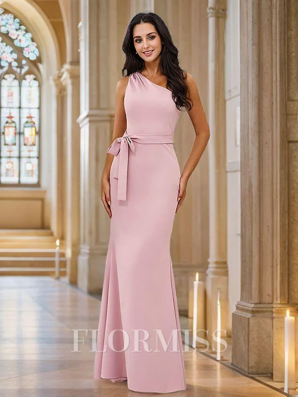 Sheath/Column Stretch Crepe Bowknot One-Shoulder Sleeveless Floor-Length Bridesmaid Dresses