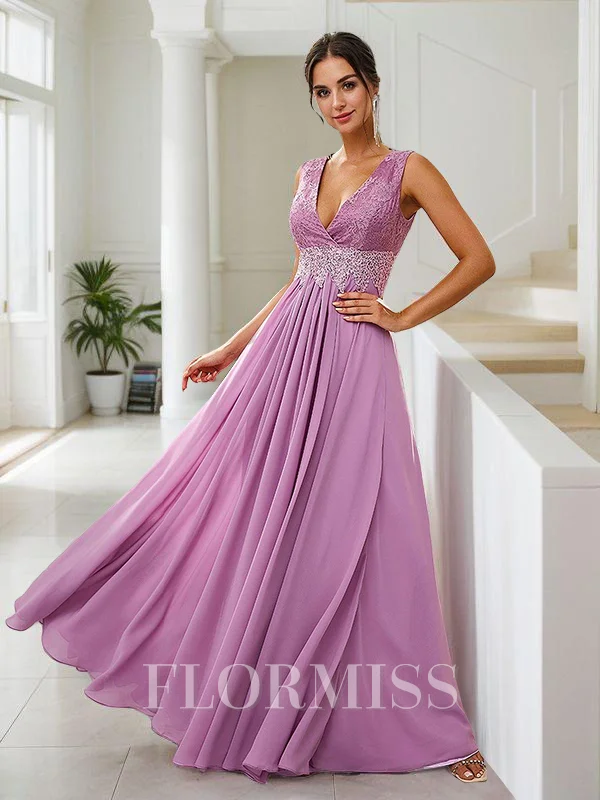 A-Line/Princess Chiffon Applique V-neck Sleeveless Floor-Length Bridesmaid Dresses