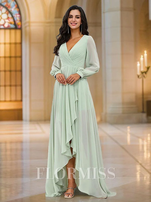 A-Line/Princess Chiffon Ruched V-neck Long Sleeves Asymmetrical Bridesmaid Dresses