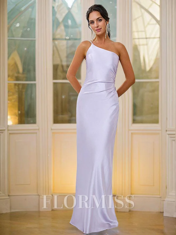 Sheath/Column Silk Like Satin Ruched One-Shoulder Sleeveless Floor-Length Bridesmaid Dresses