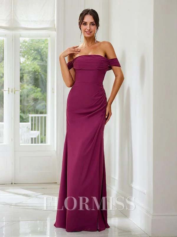 Sheath/Column Chiffon Ruched Off-the-Shoulder Sleeveless Floor-Length Bridesmaid Dresses