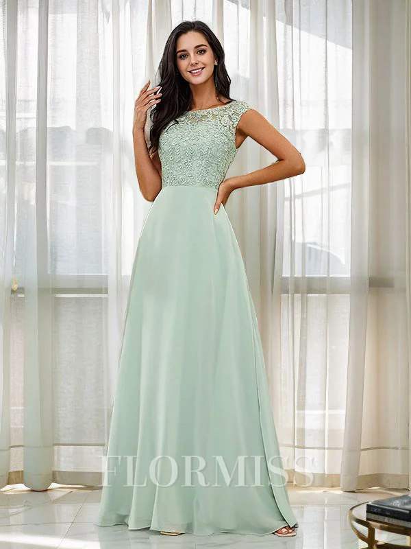 A-Line/Princess Chiffon Applique Scoop Sleeveless Floor-Length Bridesmaid Dresses