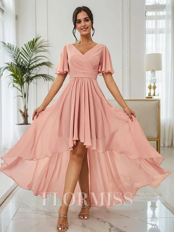 A-Line/Princess Chiffon Ruched V-neck Short Sleeves Asymmetrical Bridesmaid Dresses