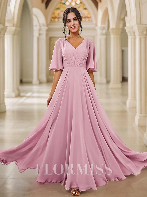 A-Line/Princess Chiffon Ruched V-neck Short Sleeves Floor-Length Bridesmaid Dresses