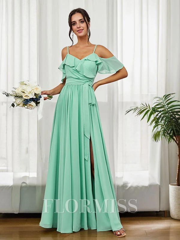 A-Line/Princess Chiffon Ruffles Straps Sleeveless Floor-Length Bridesmaid Dresses