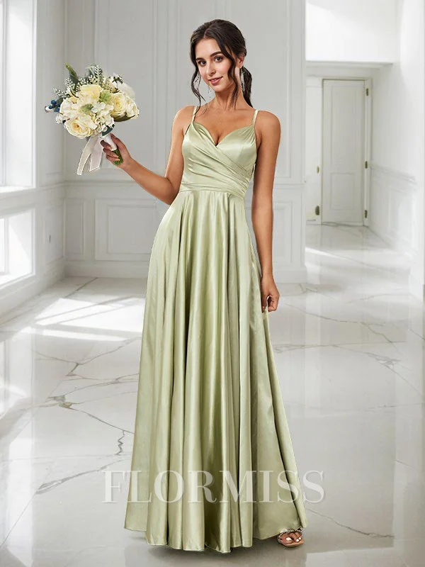 A-Line/Princess Silk Like Satin Ruched V-neck Sleeveless Floor-Length Bridesmaid Dresses