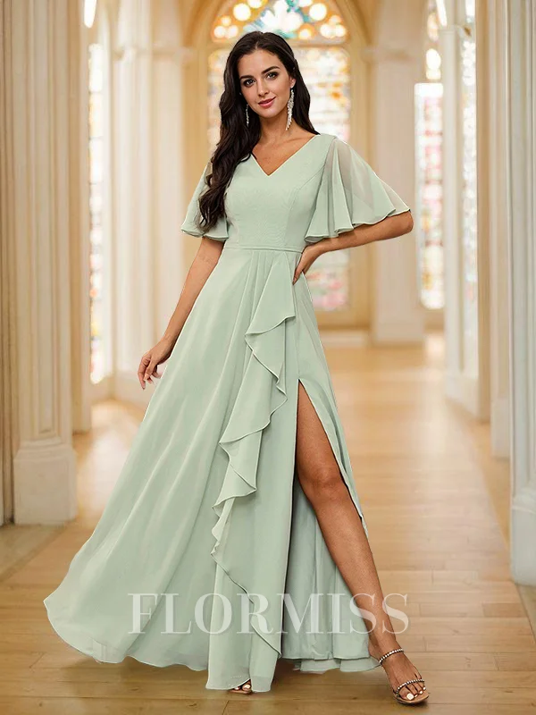 A-Line/Princess Chiffon Ruffles V-neck Short Sleeves Floor-Length Bridesmaid Dresses