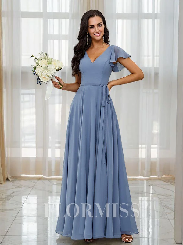 A-Line/Princess Chiffon V-neck Short Sleeves Floor-Length Bridesmaid Dresses