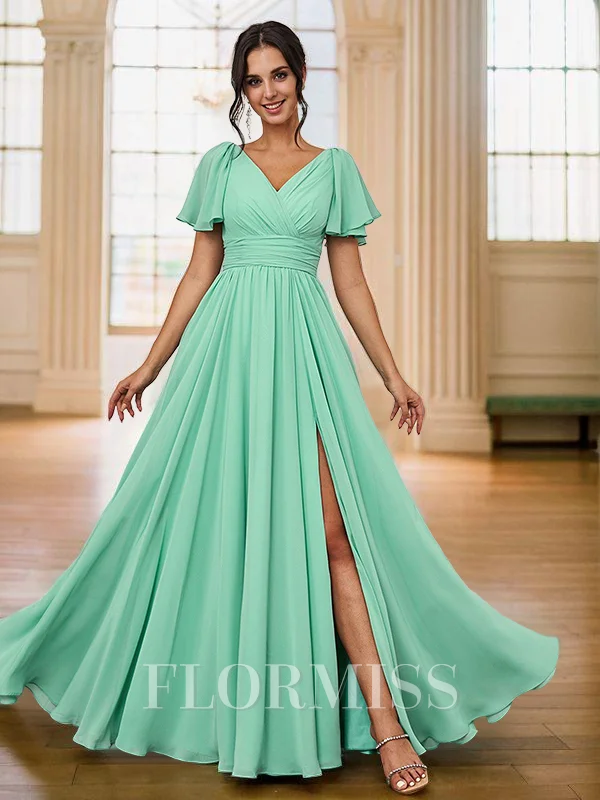 A-Line/Princess Chiffon Ruched V-neck Short Sleeves Floor-Length Bridesmaid Dresses