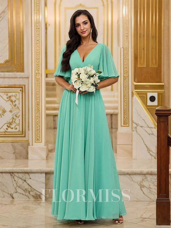 A-Line/Princess Chiffon Ruched V-neck Short Sleeves Floor-Length Bridesmaid Dresses
