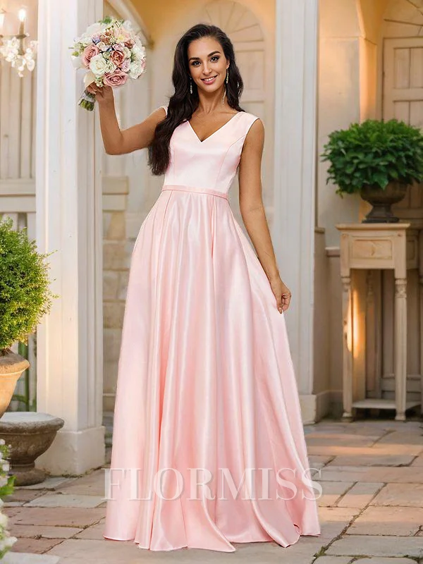 A-Line/Princess Satin V-neck Sleeveless Floor-Length Bridesmaid Dresses