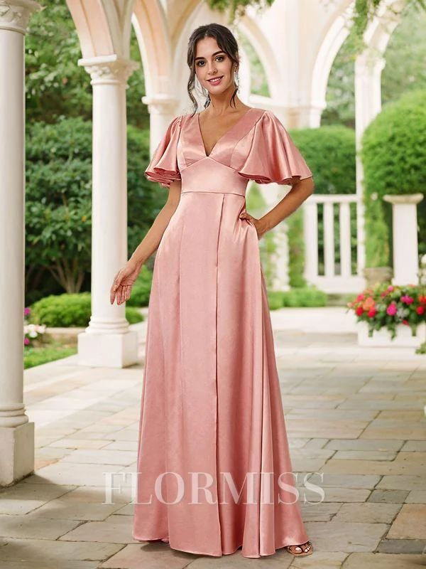 A-Line/Princess Silk Like Satin V-neck Short Sleeves Floor-Length Bridesmaid Dresses