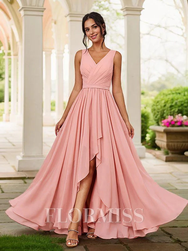A-Line/Princess Chiffon Ruched V-neck Sleeveless Asymmetrical Bridesmaid Dresses
