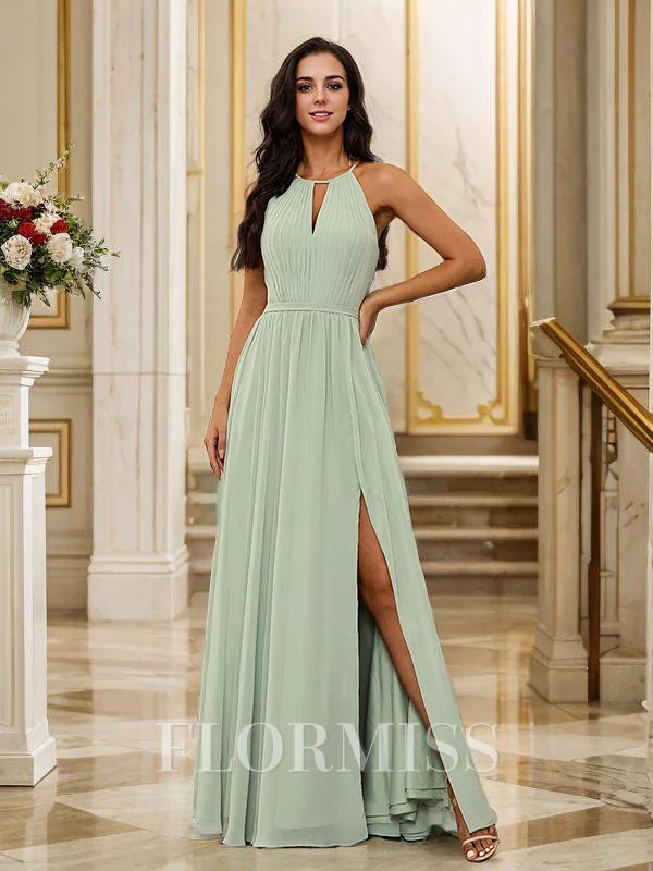 A-Line/Princess Chiffon Ruched Halter Sleeveless Floor-Length Bridesmaid Dresses