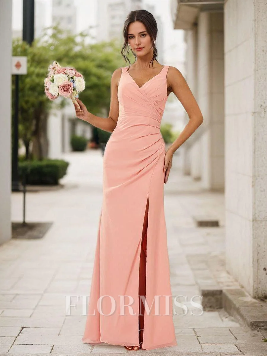 Sheath/Column Chiffon Ruched V-neck Sleeveless Floor-Length Bridesmaid Dresses