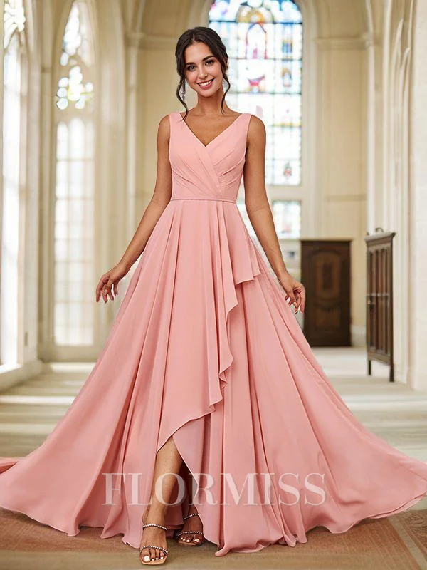 A-Line/Princess Chiffon Ruched V-neck Sleeveless Floor-Length Bridesmaid Dresses