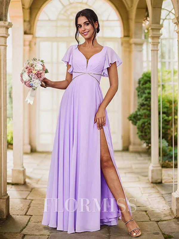 A-Line/Princess Chiffon Ruched V-neck Short Sleeves Floor-Length Bridesmaid Dresses