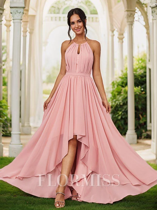 A-Line/Princess Chiffon Ruched Halter Sleeveless Asymmetrical Bridesmaid Dresses