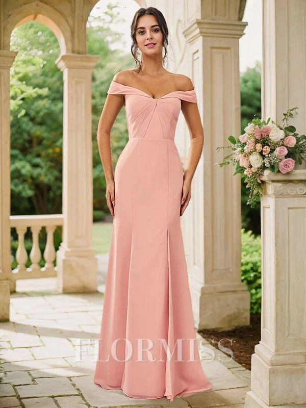 Sheath/Column Chiffon Ruched Off-the-Shoulder Sleeveless Floor-Length Bridesmaid Dresses