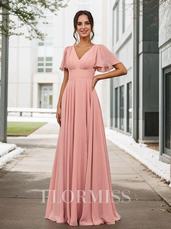 A-Line/Princess Chiffon Ruched V-neck Short Sleeves Floor-Length Bridesmaid Dresses