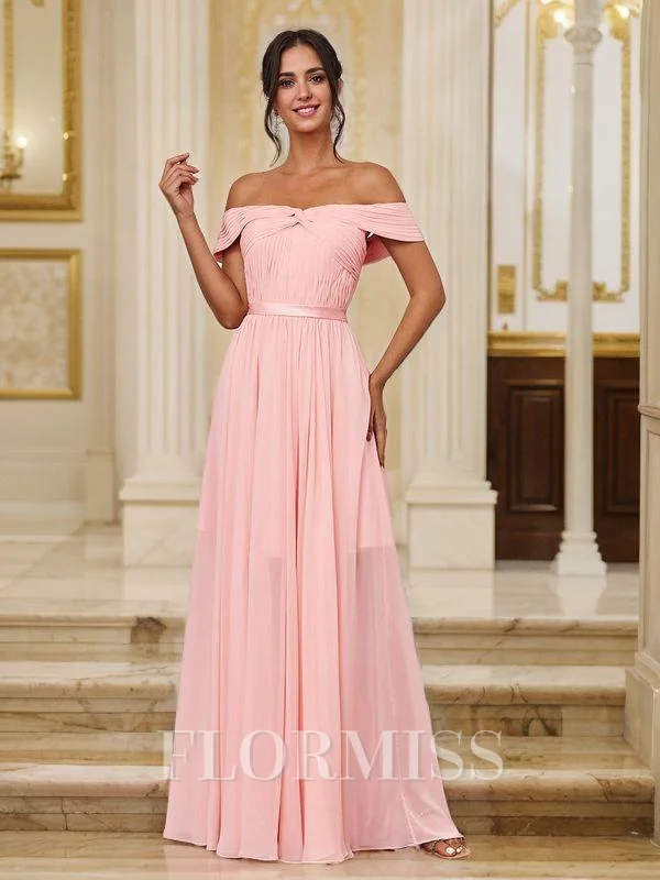 A-Line/Princess Chiffon Ruched Off-the-Shoulder Sleeveless Sweep/Brush Train Bridesmaid Dresses