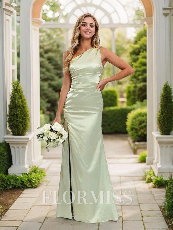 Sheath/Column Silk Like Satin Ruched One-Shoulder Sleeveless Floor-Length Bridesmaid Dresses