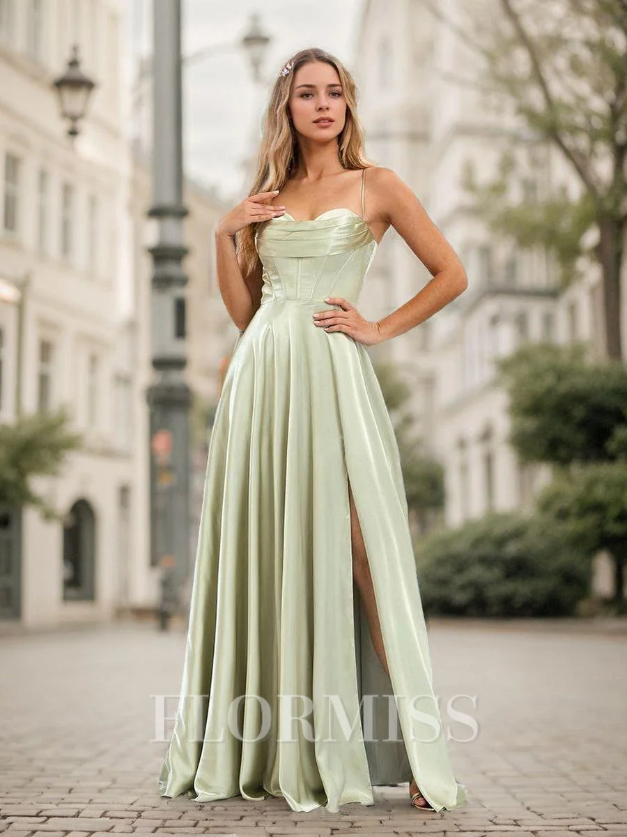 A-line/Princess Silk Like Satin Ruched Spaghetti Straps Sleeveless Floor-Length Corset Bridesmaid Dresses