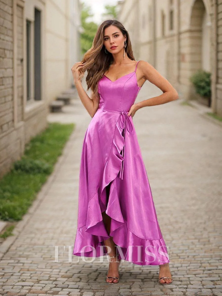 A-line/Princess Silk Like Satin Ruffles V-neck Sleeveless Asymmetrical Bridesmaid Dresses