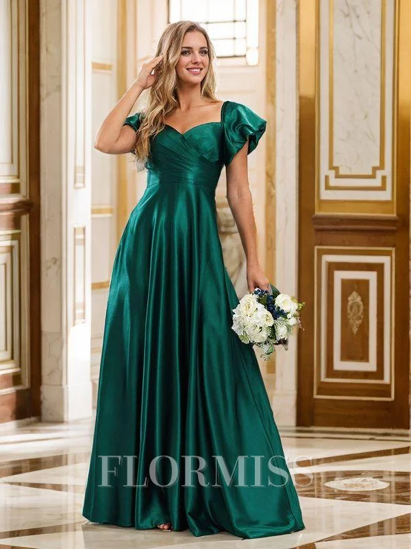 A-line/Princess Silk Like Satin Ruched Sweetheart Short Sleeves Floor-Length Bridesmaid Dresses